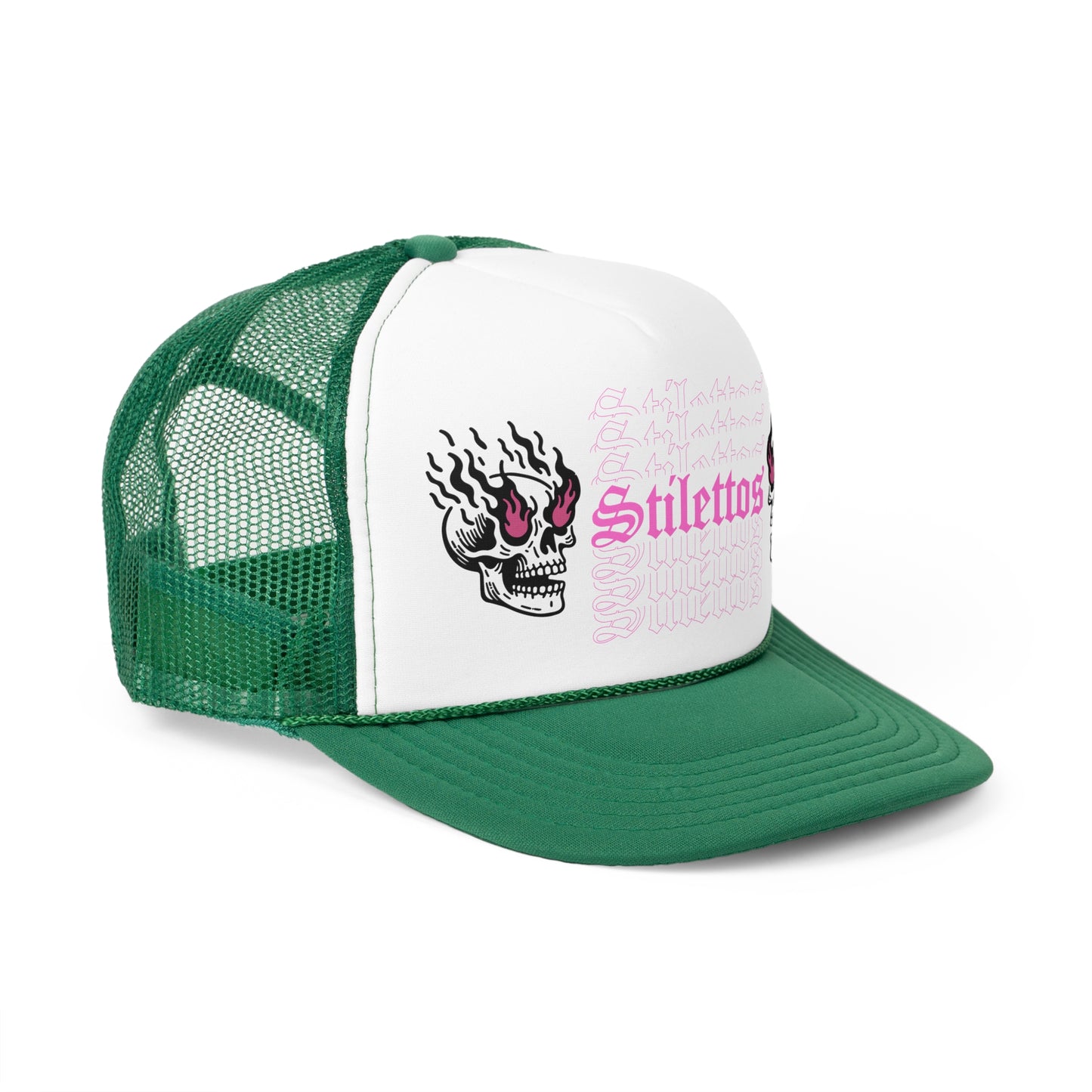 Stilettos Biker Crew Trucker Hat with Fire Skull in Pink