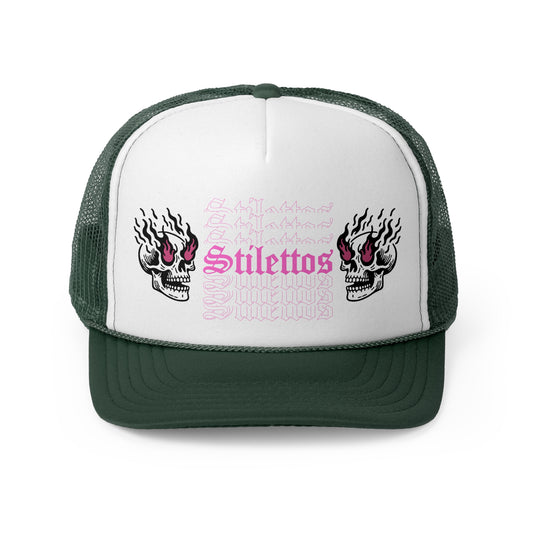 Stilettos Biker Crew Trucker Hat with Fire Skull in Pink