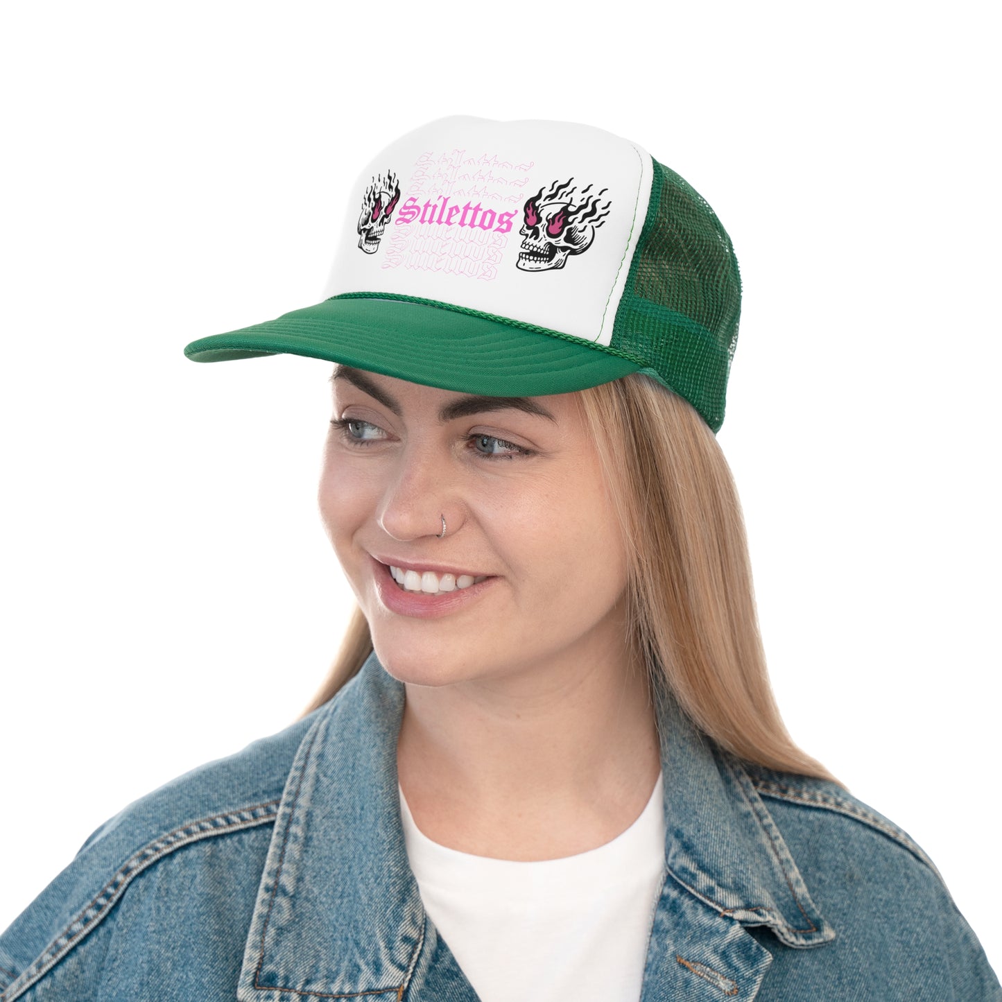 Stilettos Biker Crew Trucker Hat with Fire Skull in Pink