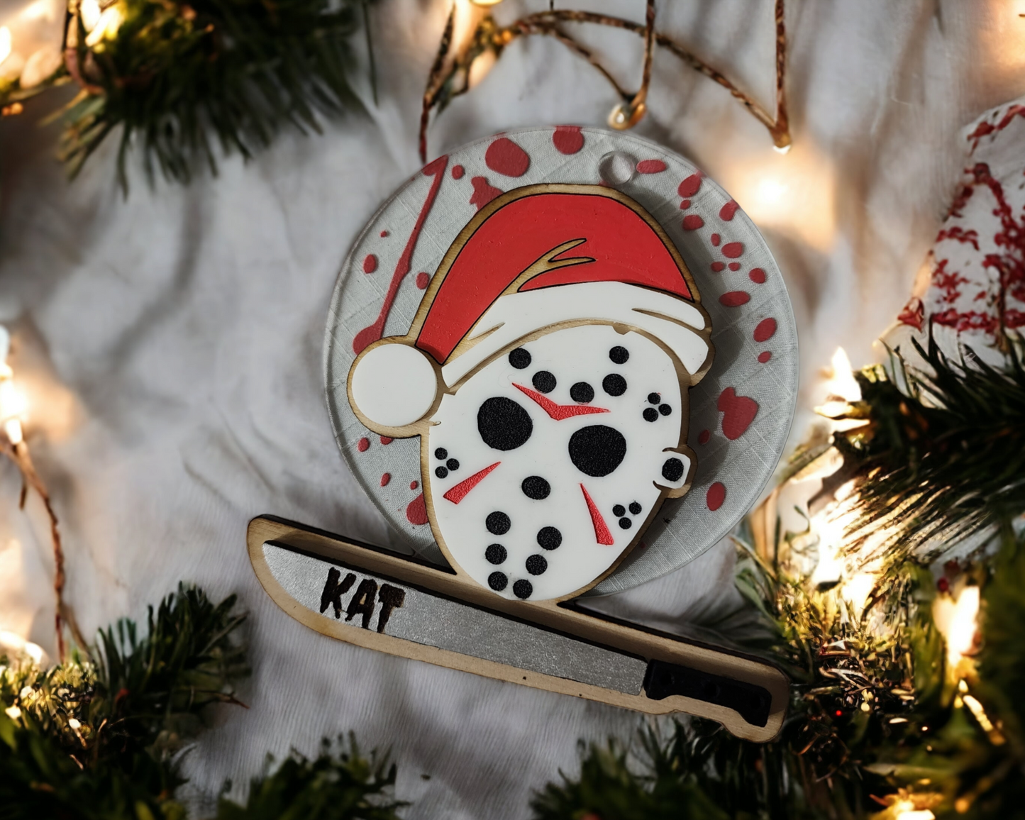 Jason Voorhees Christmas Ornament, wood and acrylic 2d layered, custom name ornament