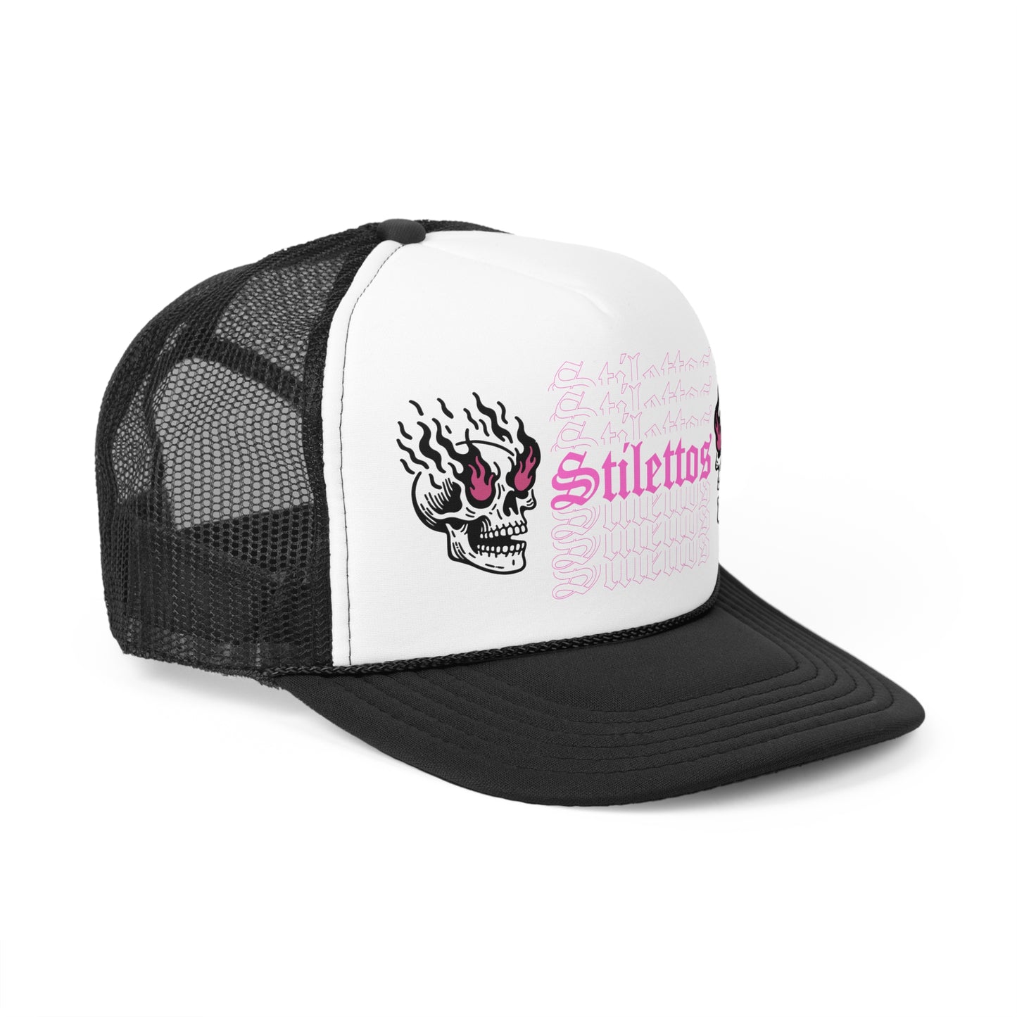 Stilettos Biker Crew Trucker Hat with Fire Skull in Pink