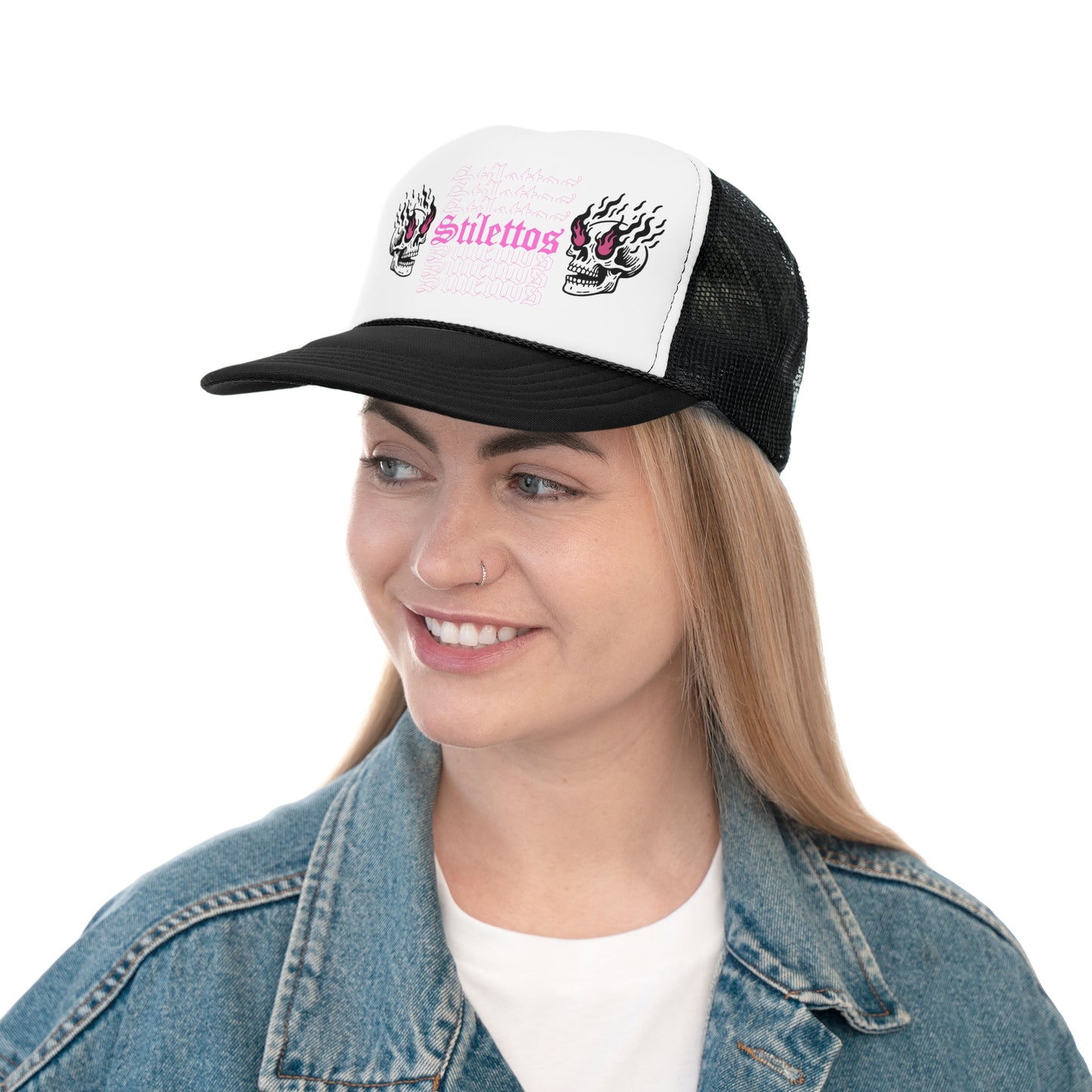 Stilettos Biker Crew Trucker Hat with Fire Skull in Pink